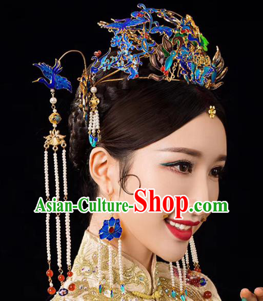 Traditional Chinese Bride Cloisonne Phoenix Coronet Headdress Ancient Wedding Hair Accessories for Women