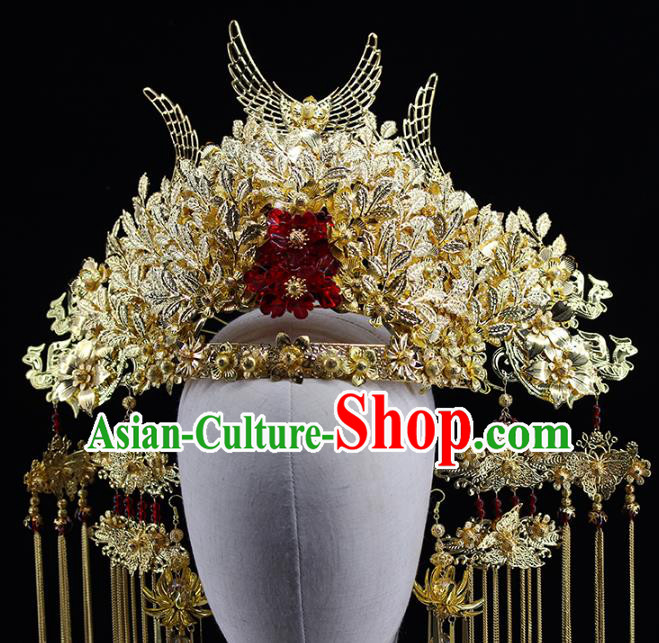 Traditional Chinese Bride Golden Leaf Phoenix Coronet Headdress Ancient Wedding Hair Accessories for Women