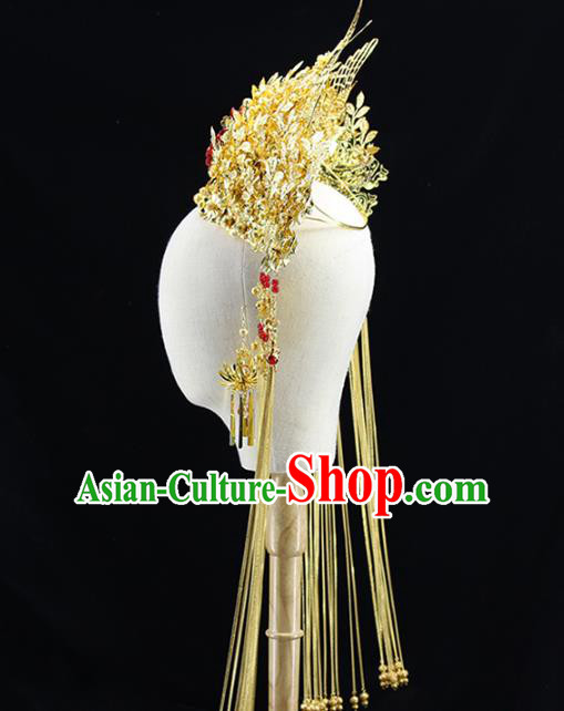 Traditional Chinese Bride Golden Leaf Phoenix Coronet Headdress Ancient Wedding Hair Accessories for Women