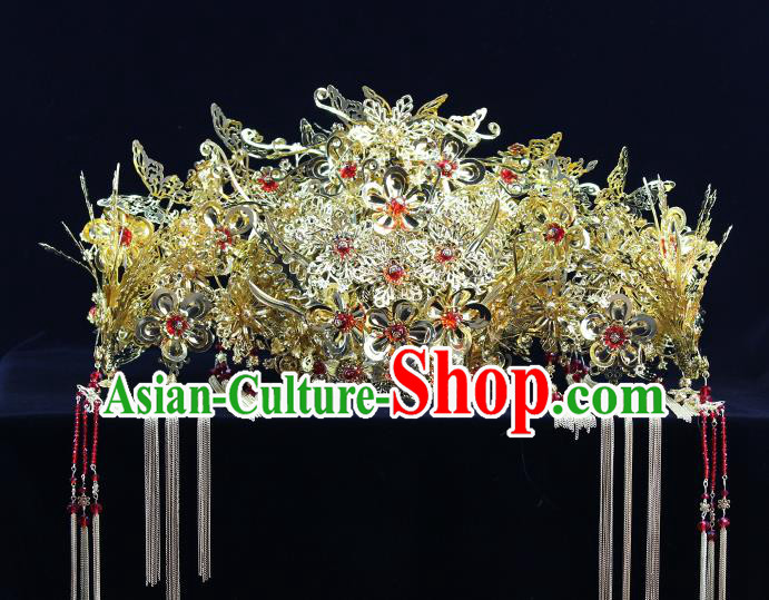 Traditional Chinese Bride Golden Luxury Phoenix Coronet Headdress Ancient Wedding Hair Accessories for Women