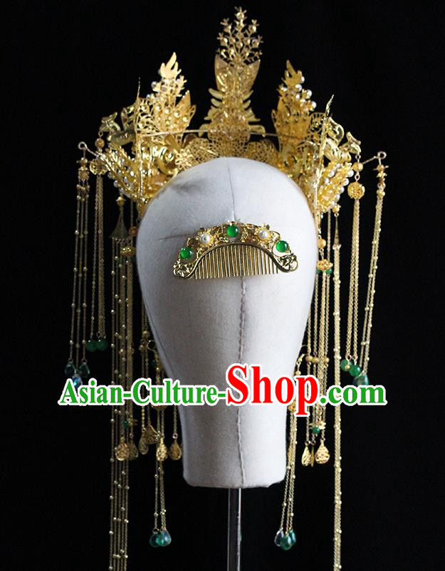 Traditional Chinese Bride Emerald Phoenix Coronet Headdress Ancient Wedding Hair Accessories for Women