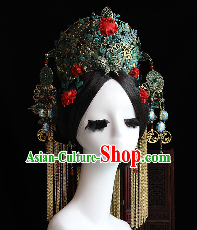 Traditional Chinese Bride Cloisonne Butterfly Phoenix Coronet Headdress Ancient Wedding Hair Accessories for Women