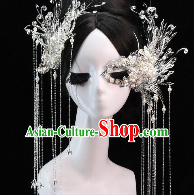 Traditional Chinese Bride Argent Tassel Hair Clasp Headdress Ancient Wedding Hair Accessories for Women