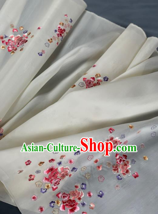 Chinese Traditional Classical Embroidered Flowers Pattern Design Beige Silk Fabric Asian Hanfu Material