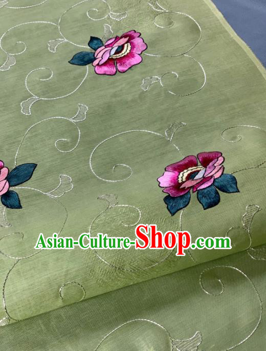 Chinese Traditional Classical Embroidered Flowers Pattern Design Green Silk Fabric Asian Hanfu Material