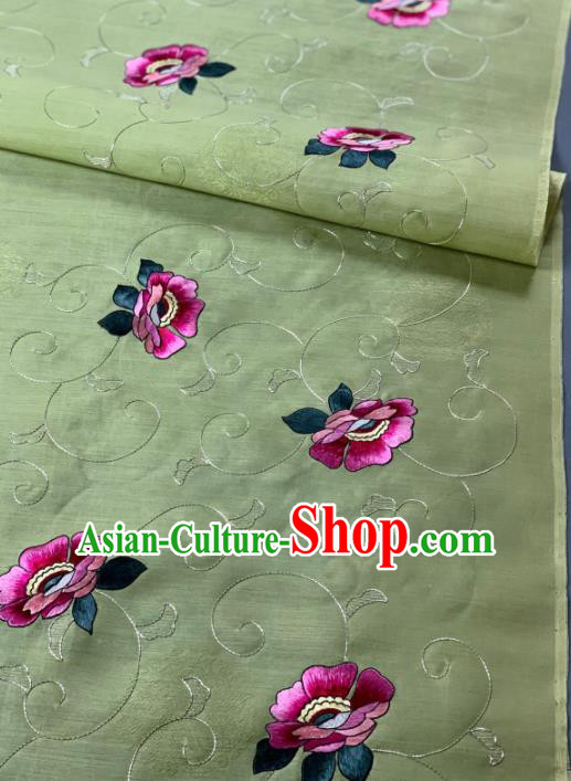 Chinese Traditional Classical Embroidered Flowers Pattern Design Green Silk Fabric Asian Hanfu Material