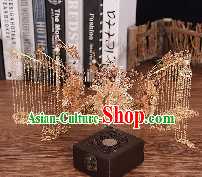 Traditional Chinese Bride Golden Flowers Phoenix Coronet Headdress Ancient Wedding Hair Accessories for Women