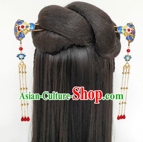Traditional Chinese Pearls Tassel Cloisonne Hairpin Headdress Ancient Court Hair Accessories for Women