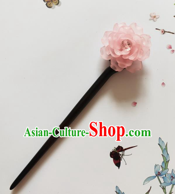 Traditional Chinese Pink Peony Ebony Hairpin Headdress Ancient Court Hair Accessories for Women