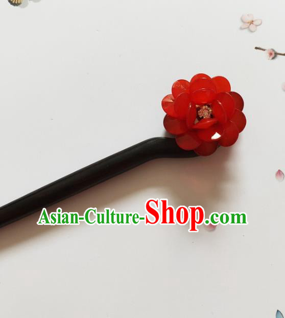 Traditional Chinese Red Peony Ebony Hairpin Headdress Ancient Court Hair Accessories for Women
