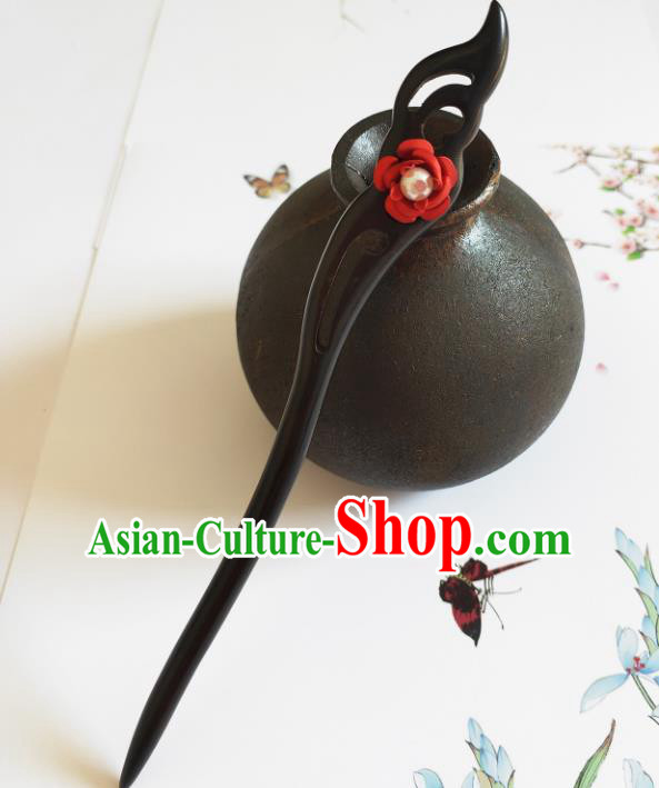 Traditional Chinese Red Rose Ebony Hairpin Headdress Ancient Court Hair Accessories for Women