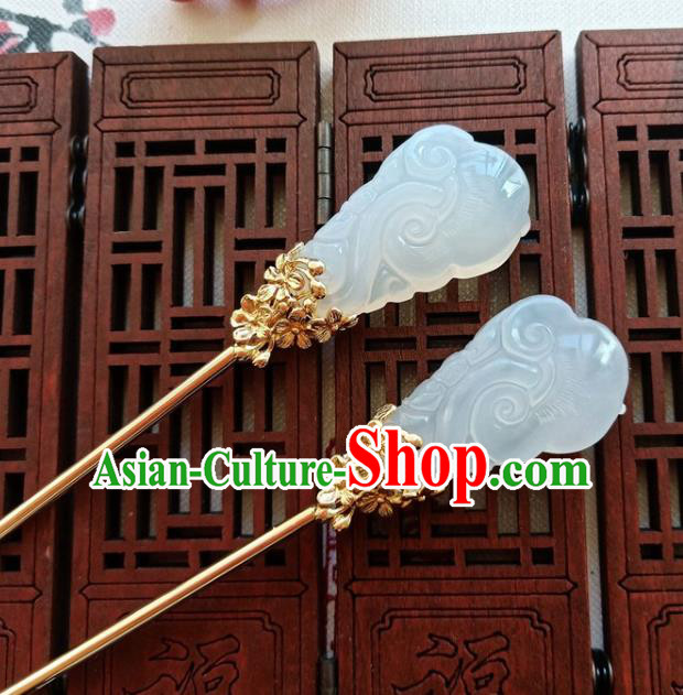 Traditional Chinese White Jade Hairpin Headdress Ancient Court Hair Accessories for Women