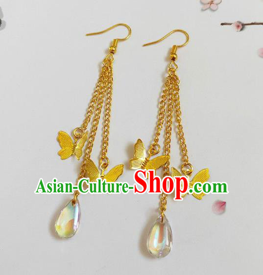 Traditional Chinese Handmade Water Drop Golden Butterfly Earrings Ancient Hanfu Ear Accessories for Women