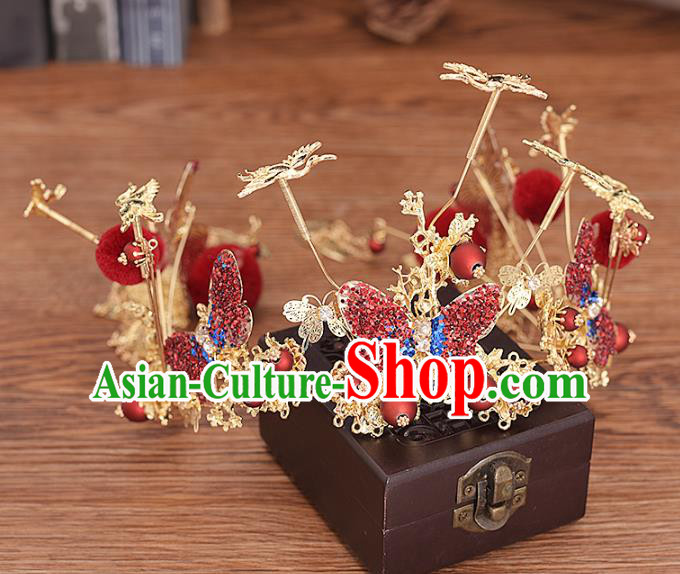 Traditional Chinese Bride Red Butterfly Hair Crown Headdress Ancient Wedding Hair Accessories for Women