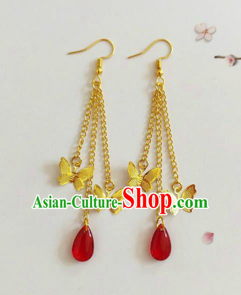 Traditional Chinese Handmade Red Water Drop Golden Butterfly Earrings Ancient Hanfu Ear Accessories for Women