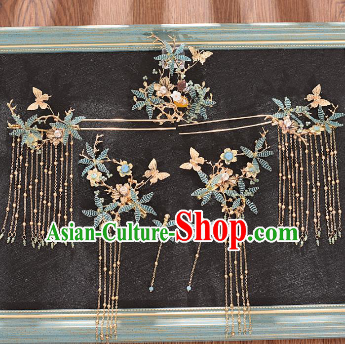 Traditional Chinese Bride Blue Flowers Hair Comb and Tassel Hairpins Headdress Ancient Wedding Hair Accessories for Women