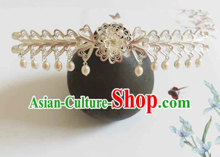 Traditional Chinese Tang Dynasty Pearls Tassel Argent Hairpin Headdress Ancient Court Hair Accessories for Women