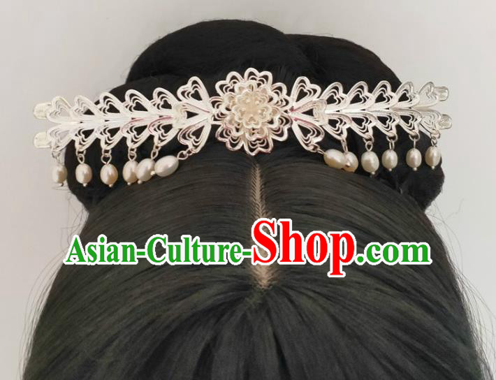 Traditional Chinese Tang Dynasty Pearls Tassel Argent Hairpin Headdress Ancient Court Hair Accessories for Women