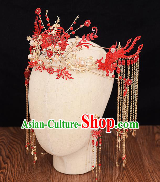Traditional Chinese Bride Red Phoenix Coronet Headdress Ancient Wedding Hair Accessories for Women