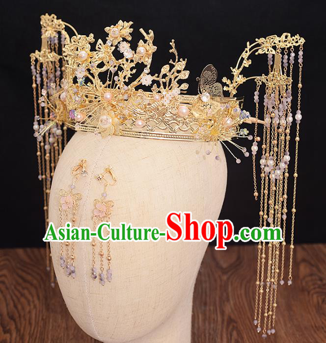 Traditional Chinese Bride Pearls Phoenix Coronet Headdress Ancient Wedding Hair Accessories for Women