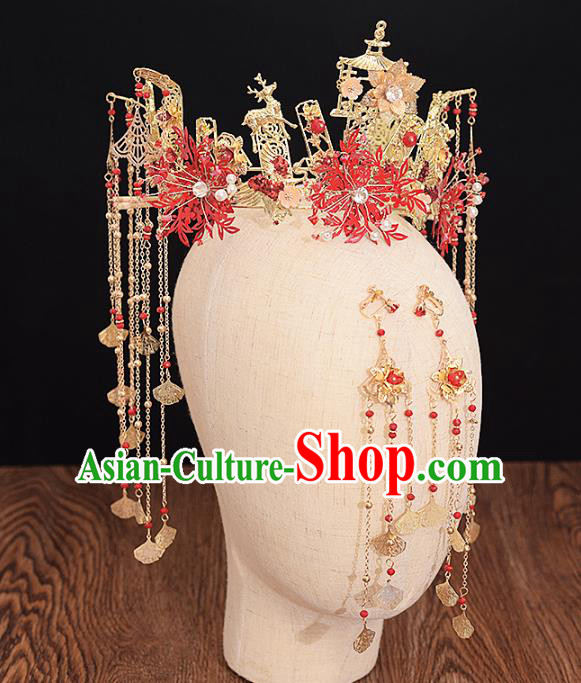 Traditional Chinese Bride Golden Deer Phoenix Coronet Headdress Ancient Wedding Hair Accessories for Women