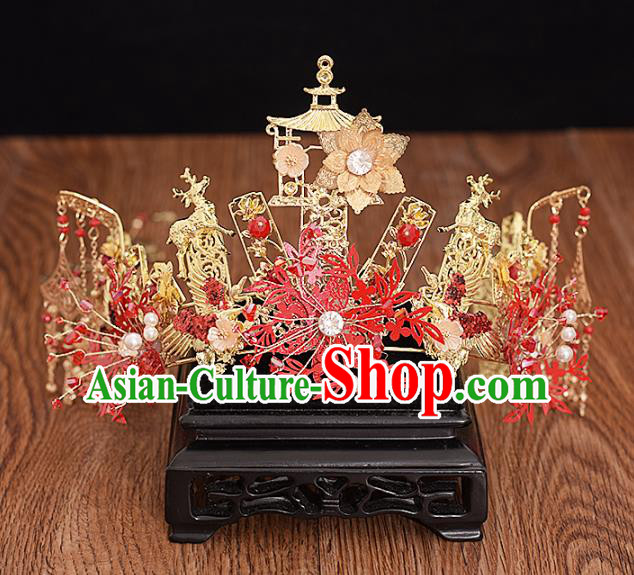 Traditional Chinese Bride Golden Deer Phoenix Coronet Headdress Ancient Wedding Hair Accessories for Women