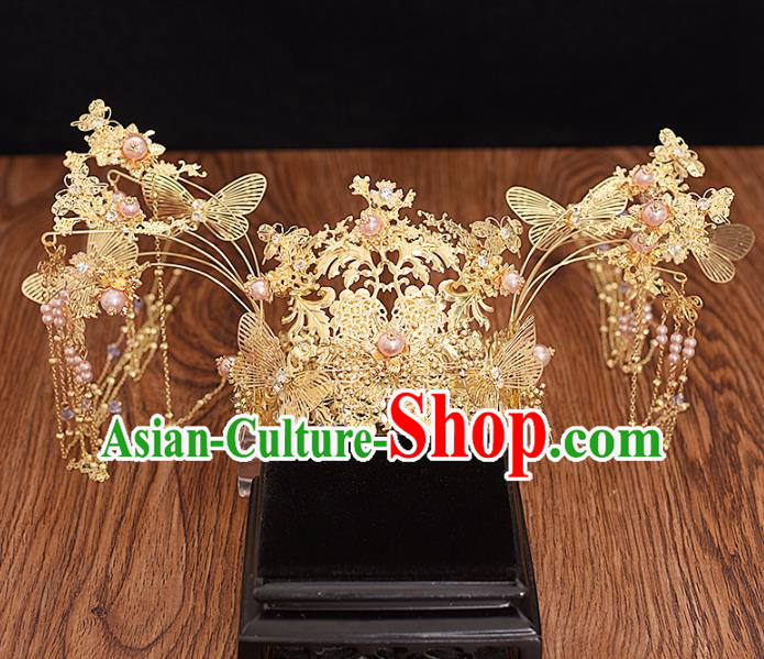 Traditional Chinese Bride Golden Butterfly Pearls Phoenix Coronet Headdress Ancient Wedding Hair Accessories for Women
