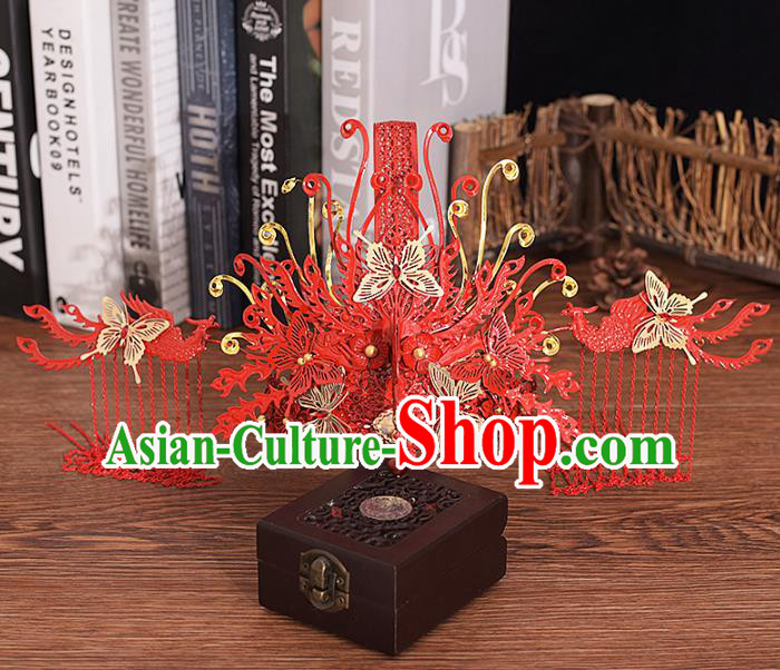 Traditional Chinese Bride Butterfly Red Phoenix Coronet Headdress Ancient Wedding Hair Accessories for Women