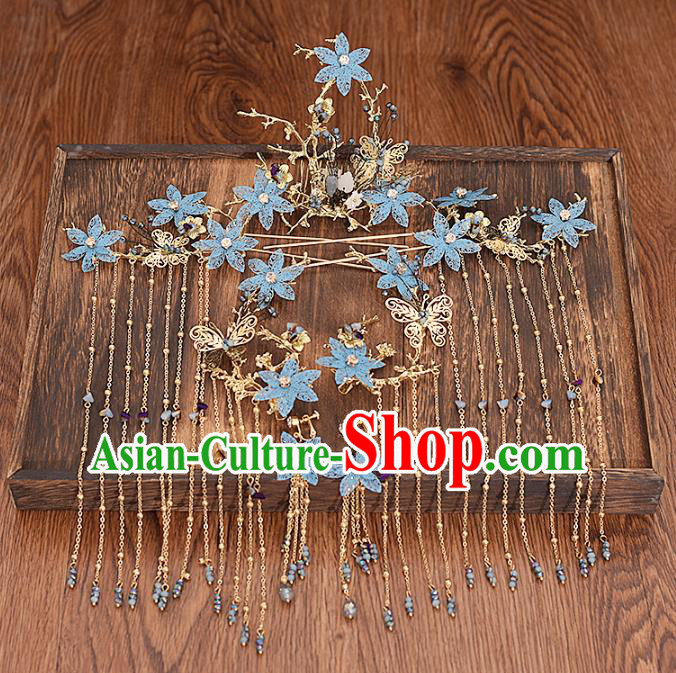 Traditional Chinese Bride Blue Flowers Hair Comb Hairpins Headdress Ancient Wedding Hair Accessories for Women