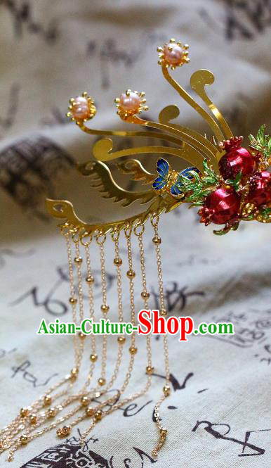 Traditional Chinese Ming Dynasty Red Pomegranate Tassel Hairpins Headdress Ancient Court Hair Accessories for Women