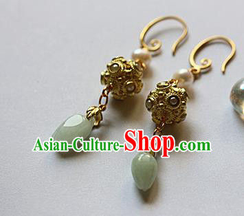 Traditional Chinese Handmade Jade Golden Earrings Ancient Hanfu Ear Accessories for Women