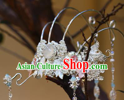 Traditional Chinese Argent Tassel Phoenix Coronet Hairpins Headdress Ancient Court Hair Accessories for Women