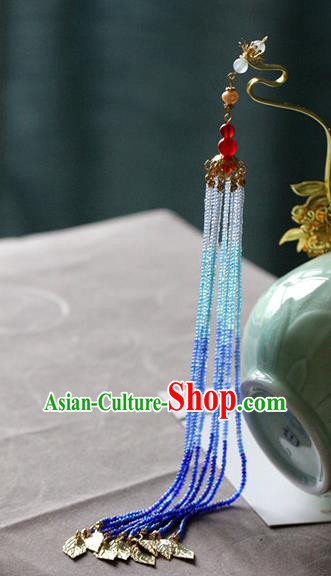 Traditional Chinese Palace Blue Beads Tassel Hairpins Headdress Ancient Court Hair Accessories for Women