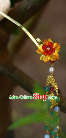 Traditional Chinese Palace Golden Lotus Tassel Hairpin Headdress Ancient Court Hair Accessories for Women