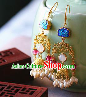 Traditional Chinese Handmade Blueing Lotus Pearls Tassel Earrings Ancient Hanfu Ear Accessories for Women