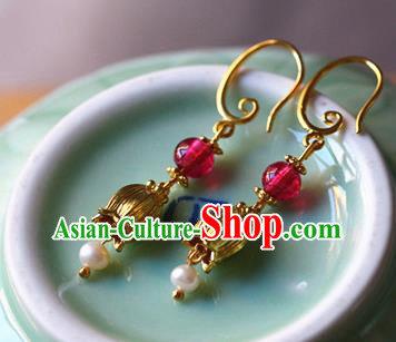 Traditional Chinese Handmade Golden Tulip Earrings Ancient Hanfu Ear Accessories for Women