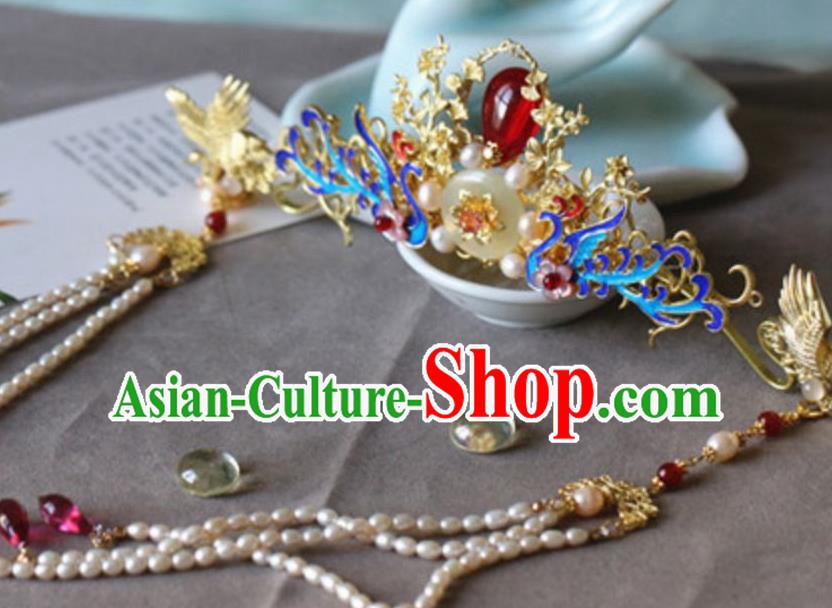 Traditional Chinese Palace Cloisonne Phoenix Jade Hair Crown Hairpin Headdress Ancient Court Hair Accessories for Women