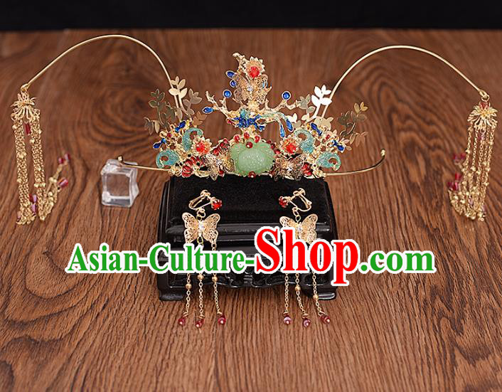 Traditional Chinese Bride Jade Lotus Phoenix Coronet Headdress Ancient Wedding Hair Accessories for Women