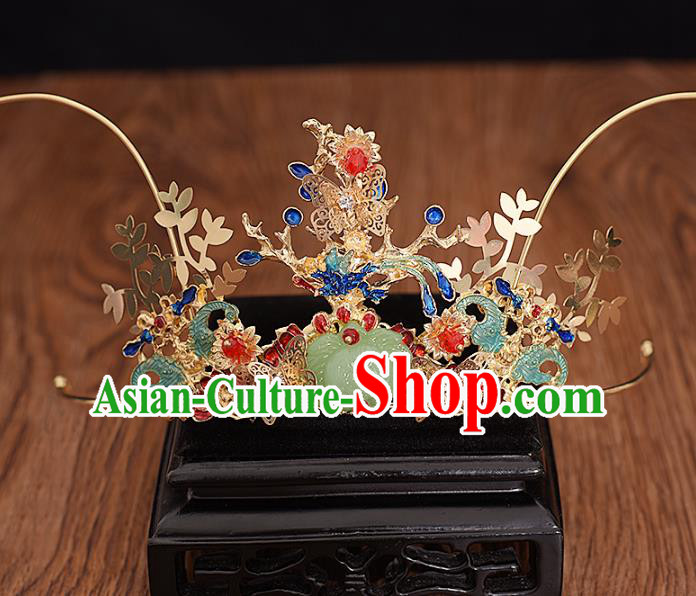 Traditional Chinese Bride Jade Lotus Phoenix Coronet Headdress Ancient Wedding Hair Accessories for Women