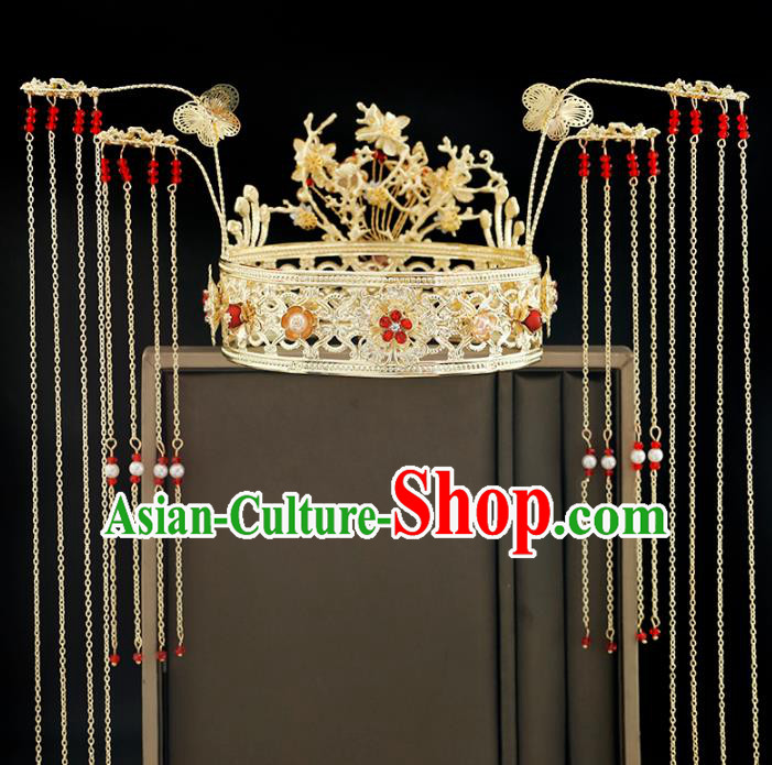 Traditional Chinese Bride Golden Carving Phoenix Coronet Headdress Ancient Wedding Hair Accessories for Women