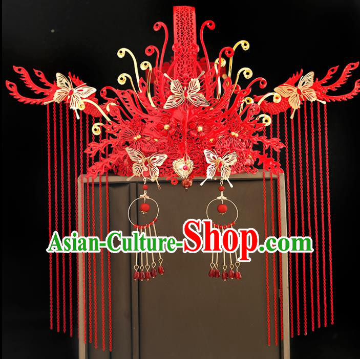 Traditional Chinese Bride Red Tassel Phoenix Coronet Headdress Ancient Wedding Hair Accessories for Women