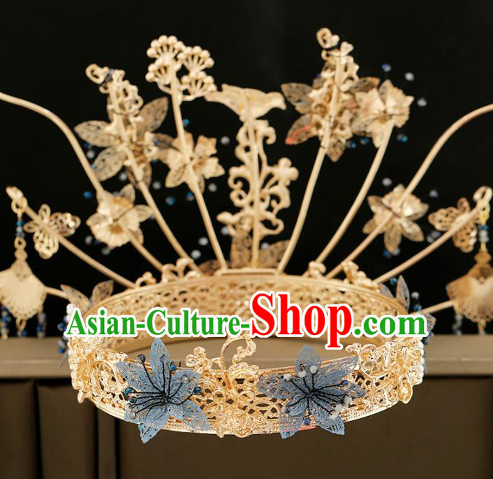Traditional Chinese Bride Tassel Blue Flowers Phoenix Coronet Headdress Ancient Wedding Hair Accessories for Women