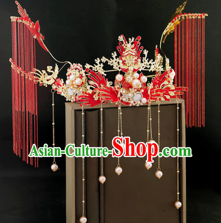Traditional Chinese Bride Tassel Red Phoenix Coronet Headdress Ancient Wedding Hair Accessories for Women