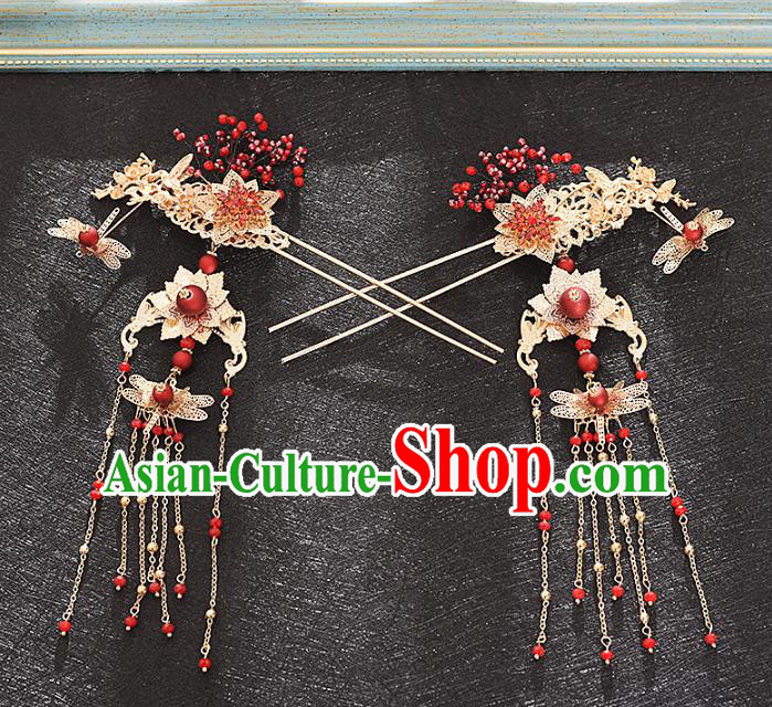 Traditional Chinese Bride Red Crane Hair Crown and Hairpins Headdress Ancient Wedding Hair Accessories for Women
