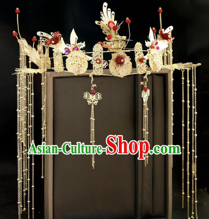 Traditional Chinese Bride Tassel Golden Phoenix Coronet Headdress Ancient Wedding Hair Accessories for Women