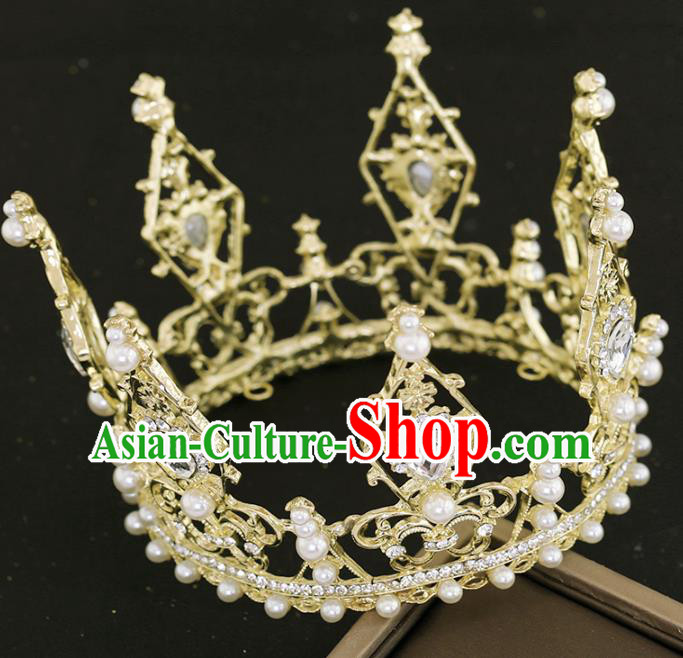 Top Grade Princess Crystal Golden Round Royal Crown Handmade Baroque Bride Hair Accessories for Women