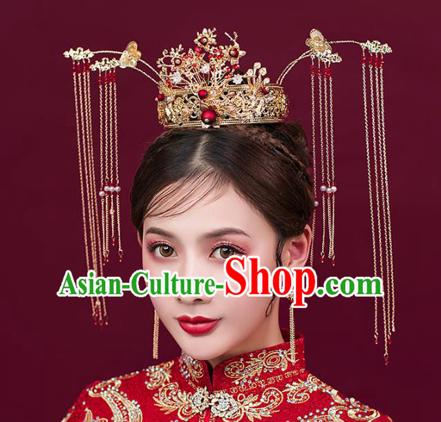 Traditional Chinese Bride Golden Hair Coronet Headdress Ancient Wedding Hair Accessories for Women