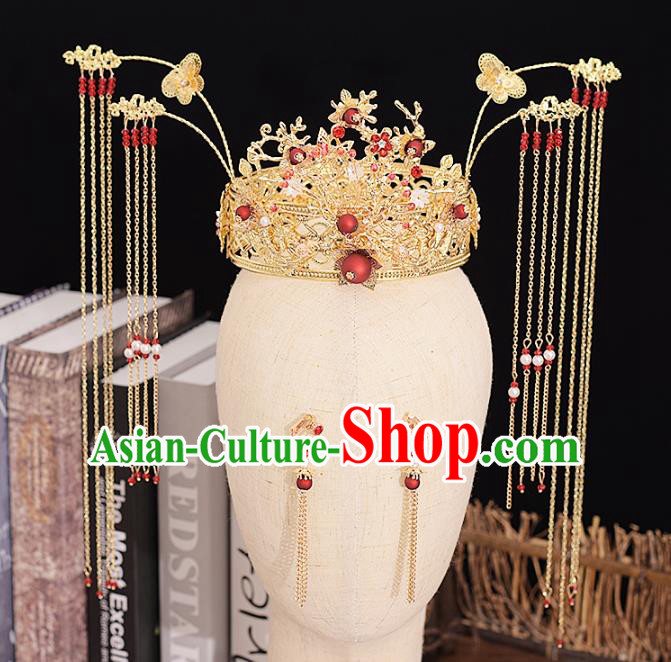 Traditional Chinese Bride Golden Hair Coronet Headdress Ancient Wedding Hair Accessories for Women