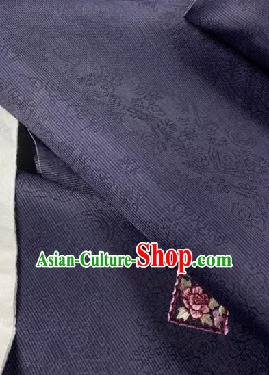 Chinese Traditional Embroidered Flowers Pattern Design Navy Silk Fabric Asian Hanfu Material