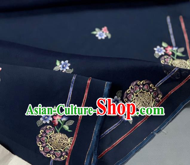 Chinese Traditional Embroidered Pattern Design Navy Silk Fabric Asian Hanfu Material